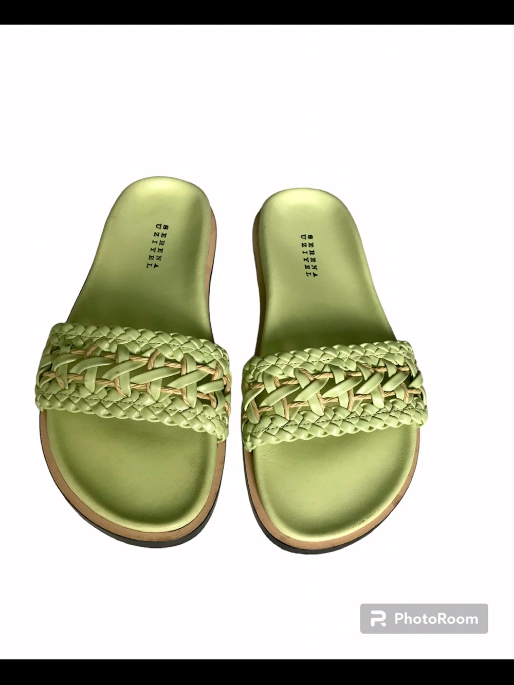 SERENA UZIYEL Green  Leather Braided Slide Sandals - Women